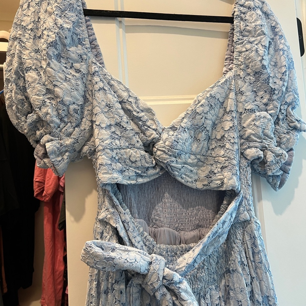 Blue Lace Puff Sleeve Dress